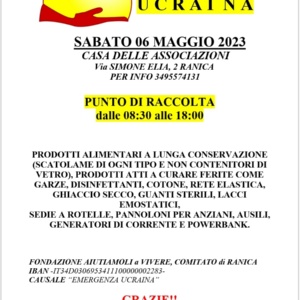 Sabato 6 Maggio Raccolta straordinaria "Emergenza Ucraina" presso la Casa delle Associazioni